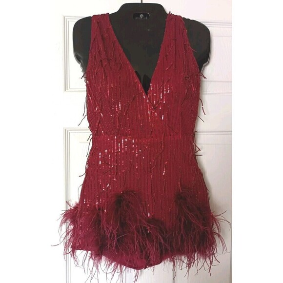 Women's Sequin Feathered Romper Size Small Burgundy Red Plunge Neckline Strappy - Picture 3 of 13